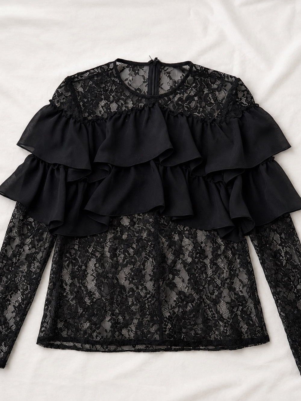 Black Lace Ruffle Blouse Sheer Long Sleeve Top XS Brand & Size Tags Removed